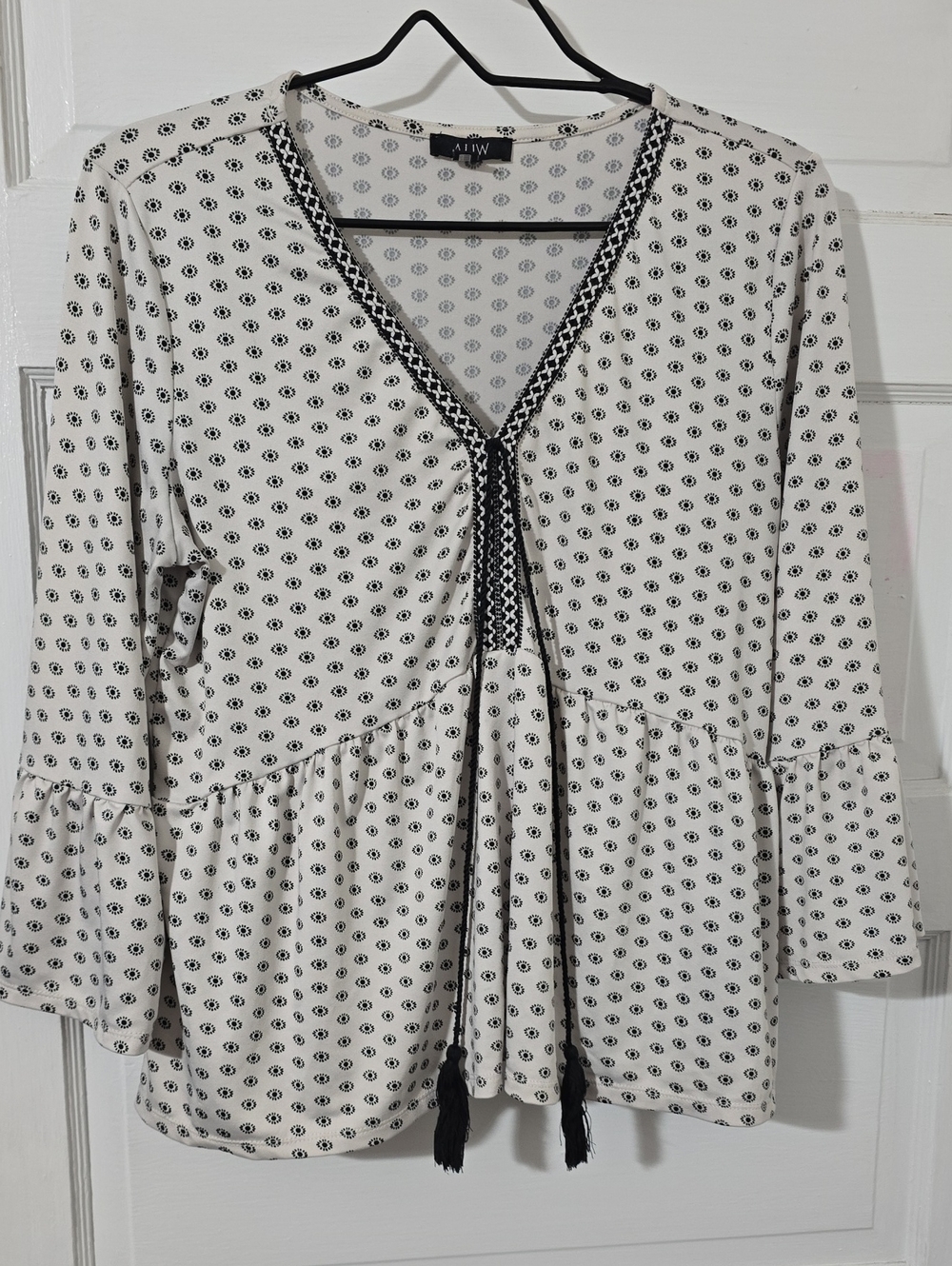 As U Wish White and Black Printed V-Neck Tunic with Tassel Ties
